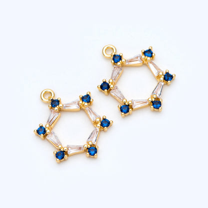 10pcs CZ pave Gold Hexagon Pendants 15mm, 18K Gold plated Brass, Blue Rhinestone Geometric Charms (GB-863)