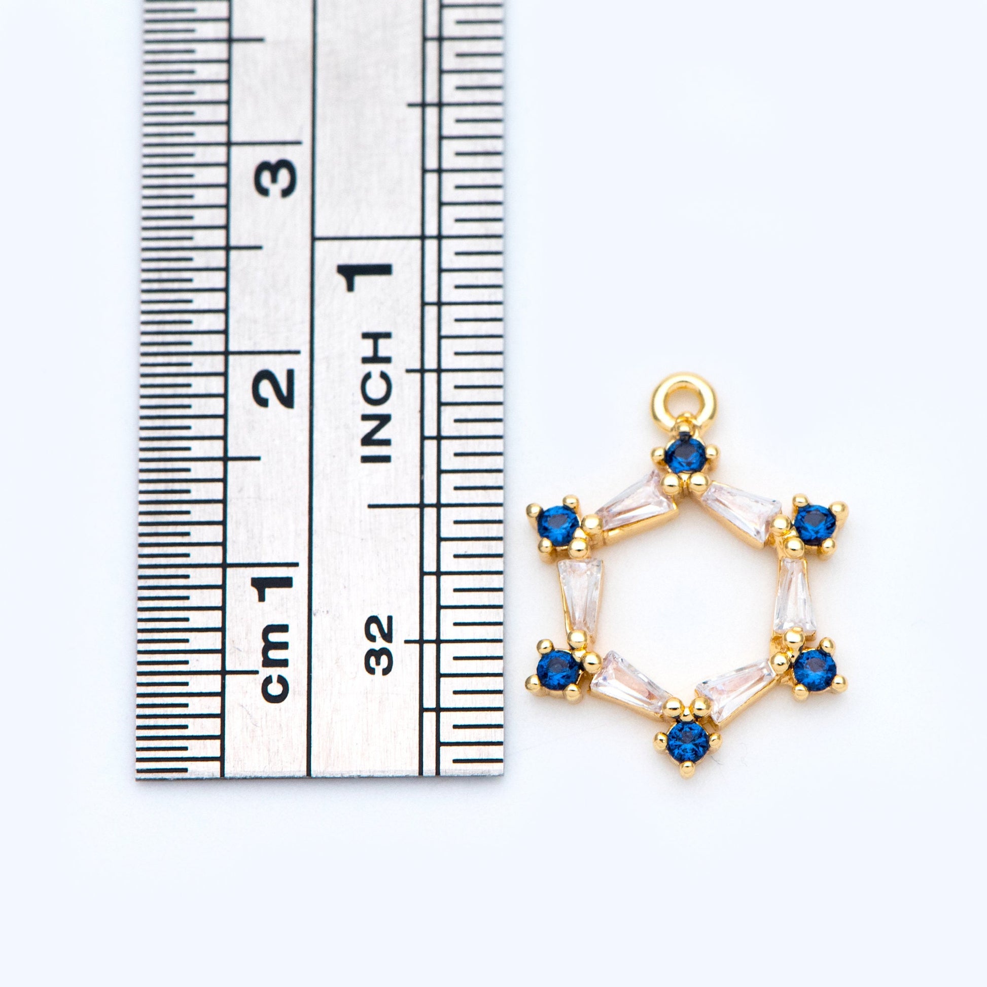 10pcs CZ pave Gold Hexagon Pendants 15mm, 18K Gold plated Brass, Blue Rhinestone Geometric Charms (GB-863)