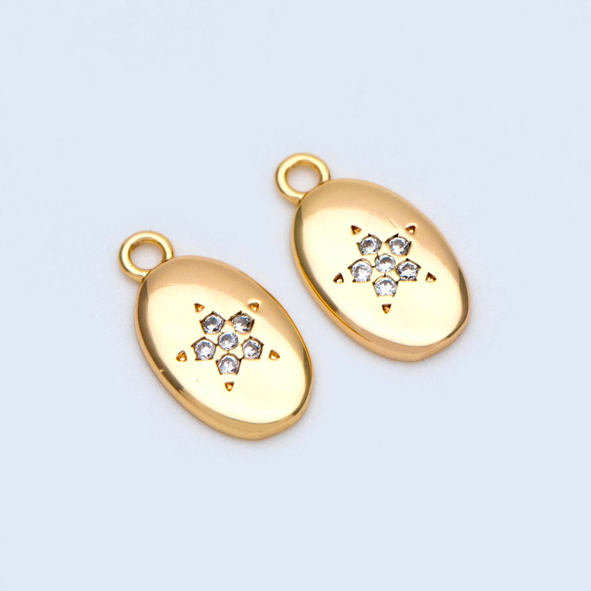 10pcs Gold plated Brass Oval Disc Charms 11x6mm, CZ Pave Star Disk Pendants (GB-162-D)