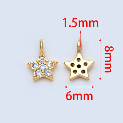 10pcs CZ Pave Gold Star Charm Pendants 8x6mm, Real Gold plated Brass, Color Not Easily Tarnish (GB-162-C)