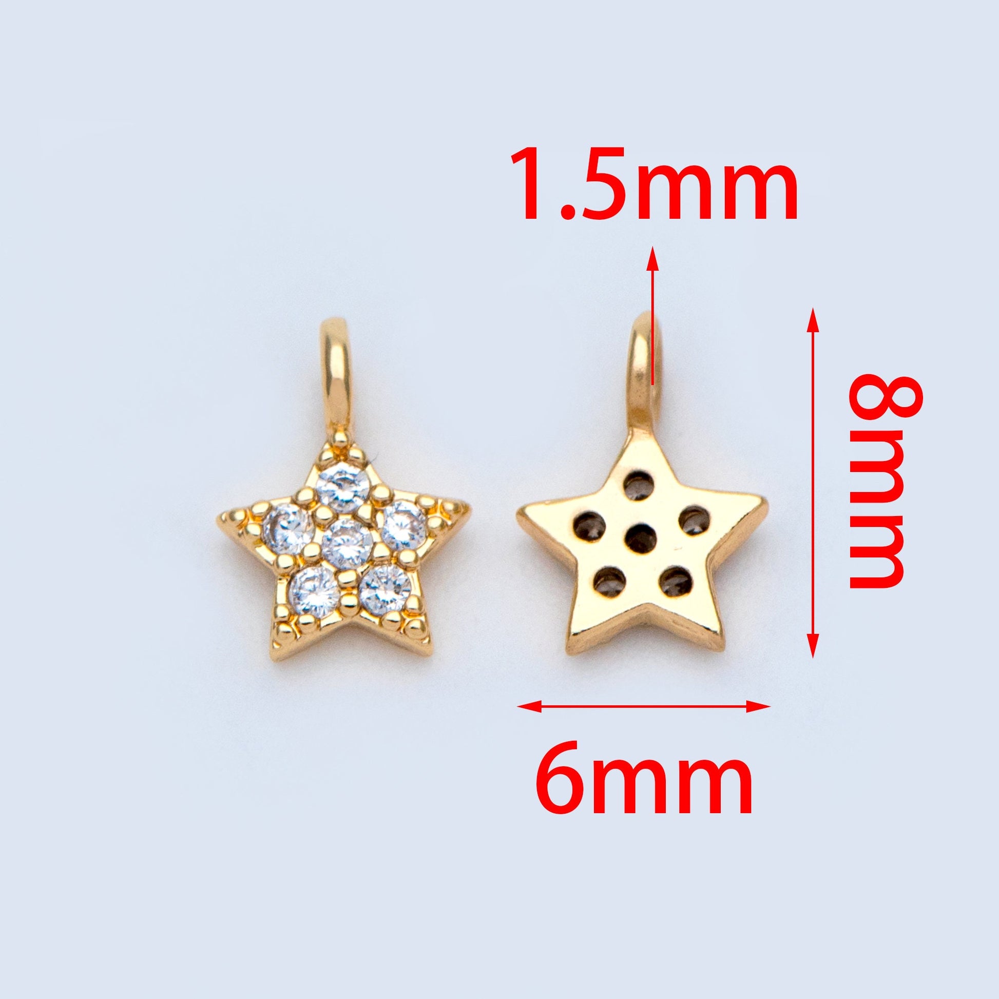 10pcs CZ Pave Gold Star Charm Pendants 8x6mm, Real Gold plated Brass, Color Not Easily Tarnish (GB-162-C)