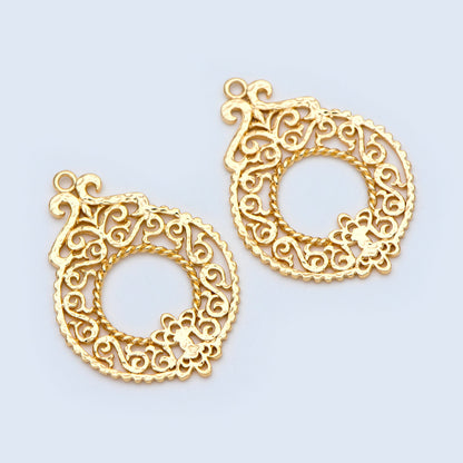 10pcs Gold plated Brass Filigree Charm Pendants 37x26mm, Lead Nickel Free (GB-890)