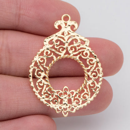10pcs Gold plated Brass Filigree Charm Pendants 37x26mm, Lead Nickel Free (GB-890)