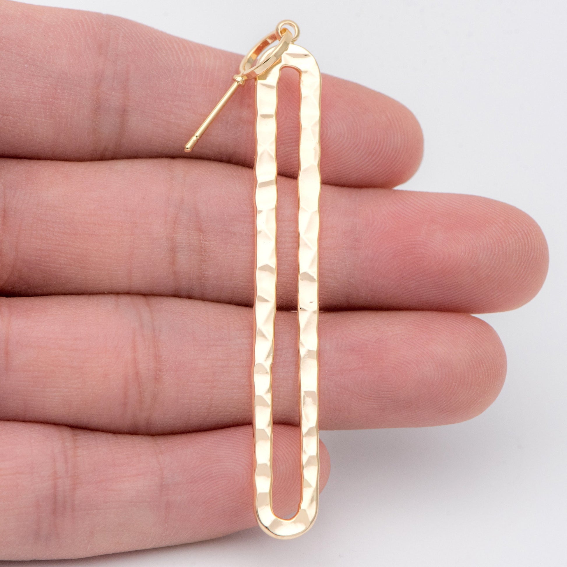 4pcs Long Oval Hoop Ear Posts 69mm, 18K Gold plated Brass, Hammered Stud Earring Findings (GB-898)