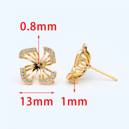 4pcs CZ Pave Flower Ear Post with Loop, 13mm, Pearl Earring Mounts, Half Drilled Pearls Earring Settings (#GB-926)