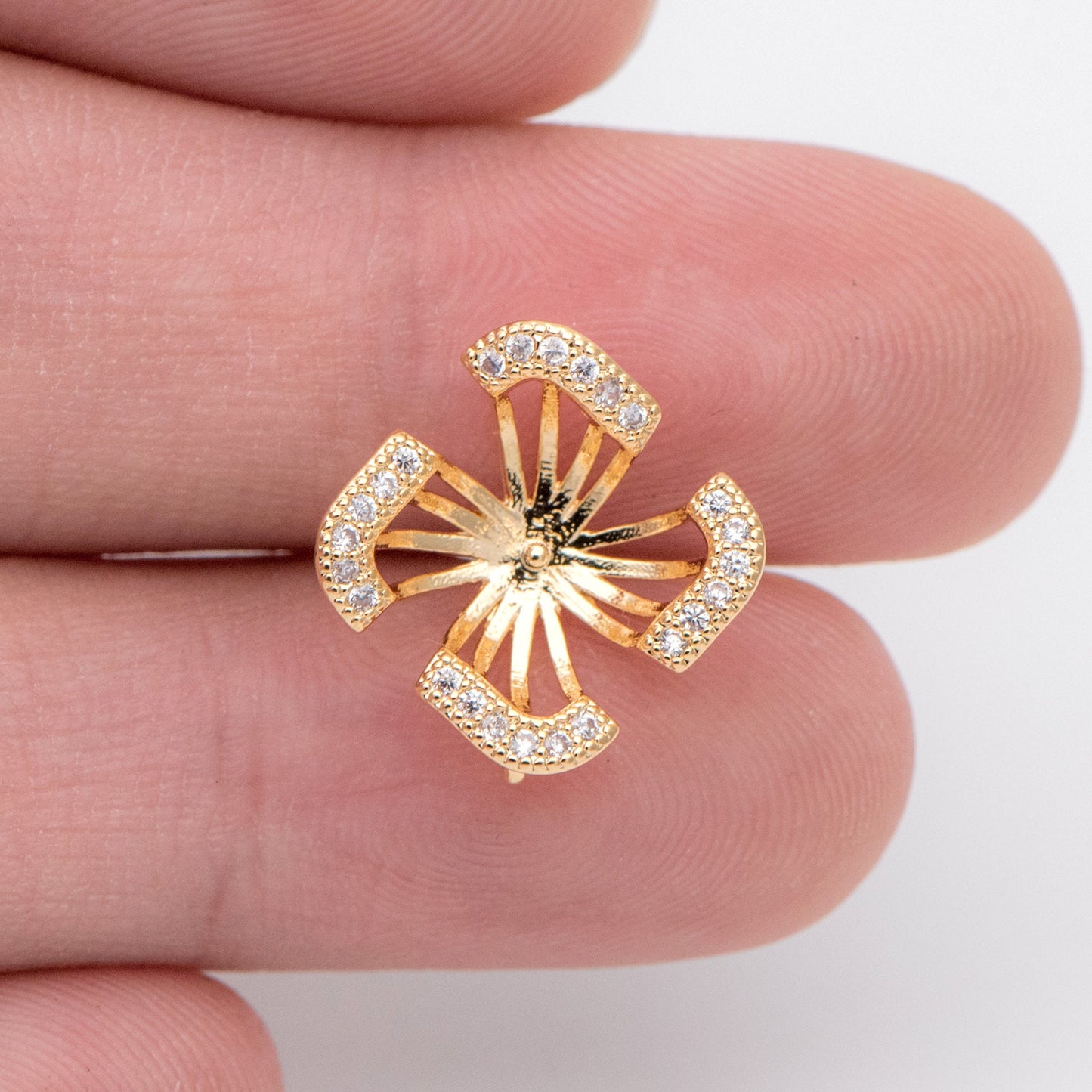 4pcs CZ Pave Flower Ear Post with Loop, 13mm, Pearl Earring Mounts, Half Drilled Pearls Earring Settings (#GB-926)