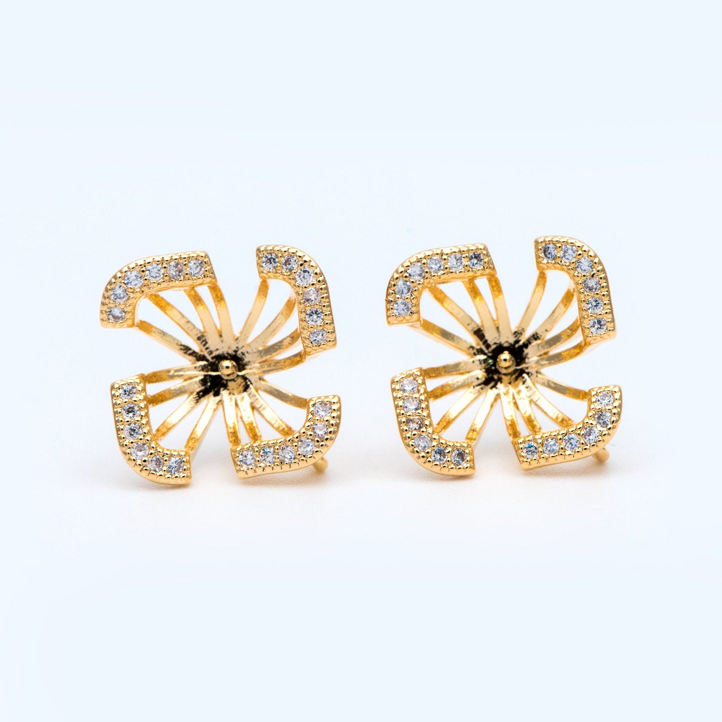 4pcs CZ Pave Flower Ear Post with Loop, 13mm, Pearl Earring Mounts, Half Drilled Pearls Earring Settings (#GB-926)