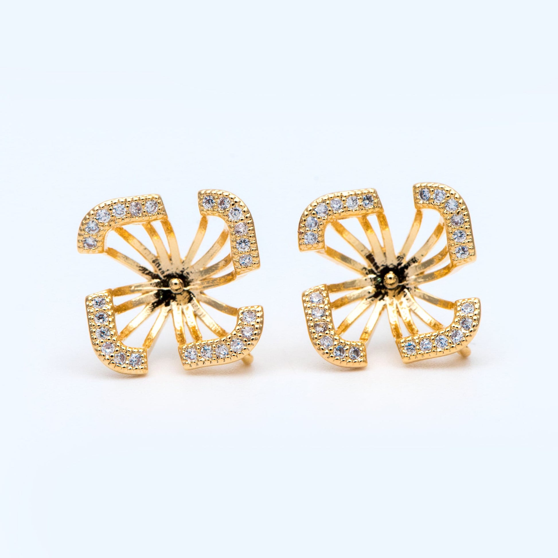 4pcs CZ Pave Flower Ear Post with Loop, 13mm, Pearl Earring Mounts, Half Drilled Pearls Earring Settings (#GB-926)