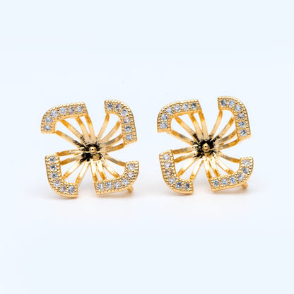 4pcs CZ Pave Flower Ear Post with Loop, 13mm, Pearl Earring Mounts, Half Drilled Pearls Earring Settings (#GB-926)