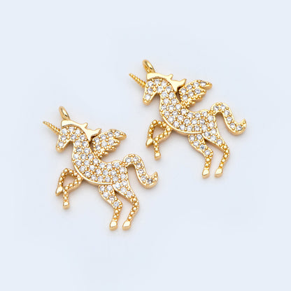 4pcs CZ pave Gold Unicorn Charm Pendants, Two Sizes 27x19mm (#GB-730-A)