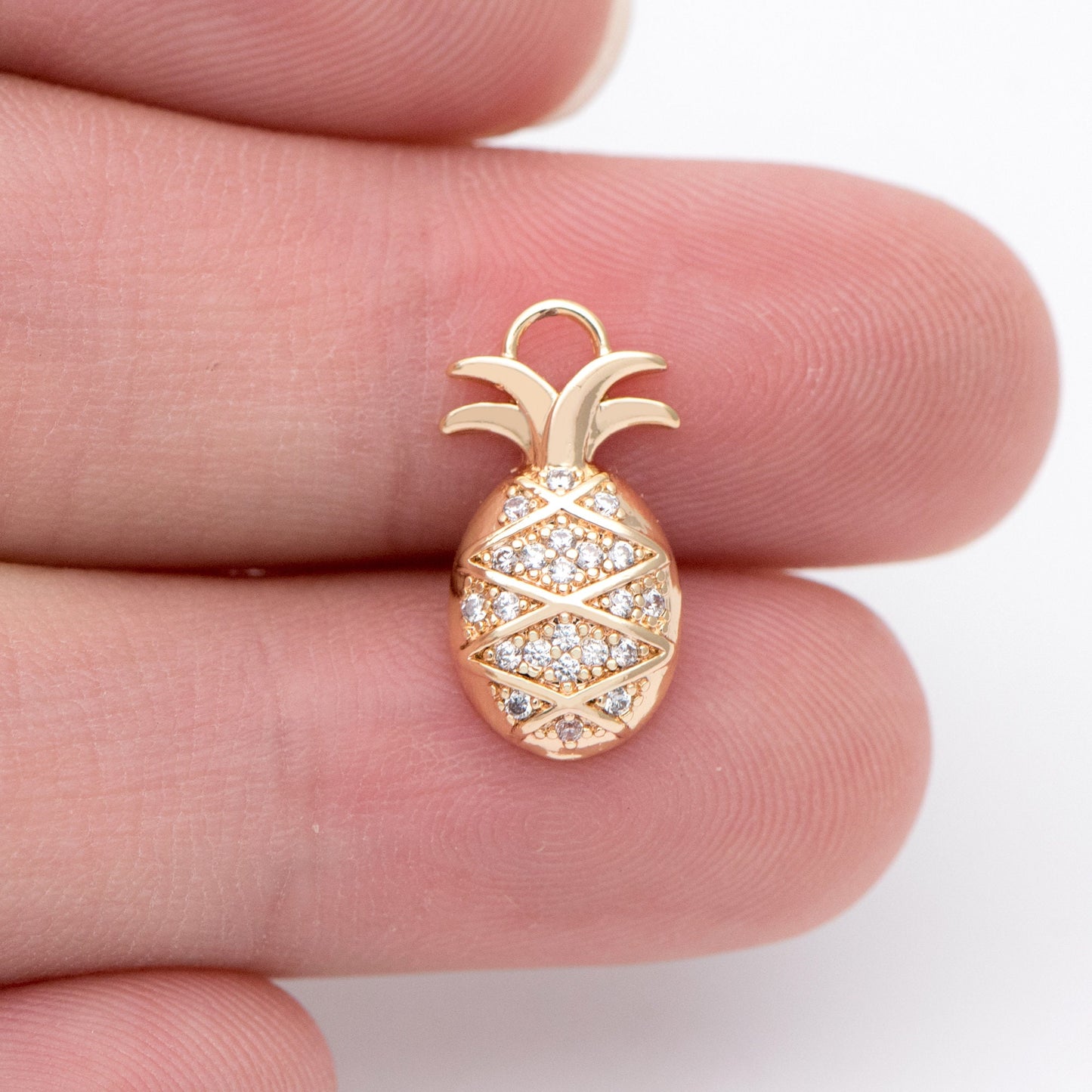 4pcs CZ pave Gold/ Silver Pineapple Charms 16x8mm, 18K Gold/ Rhodium plated Brass Pineapple Pendants (GB-4095-C)