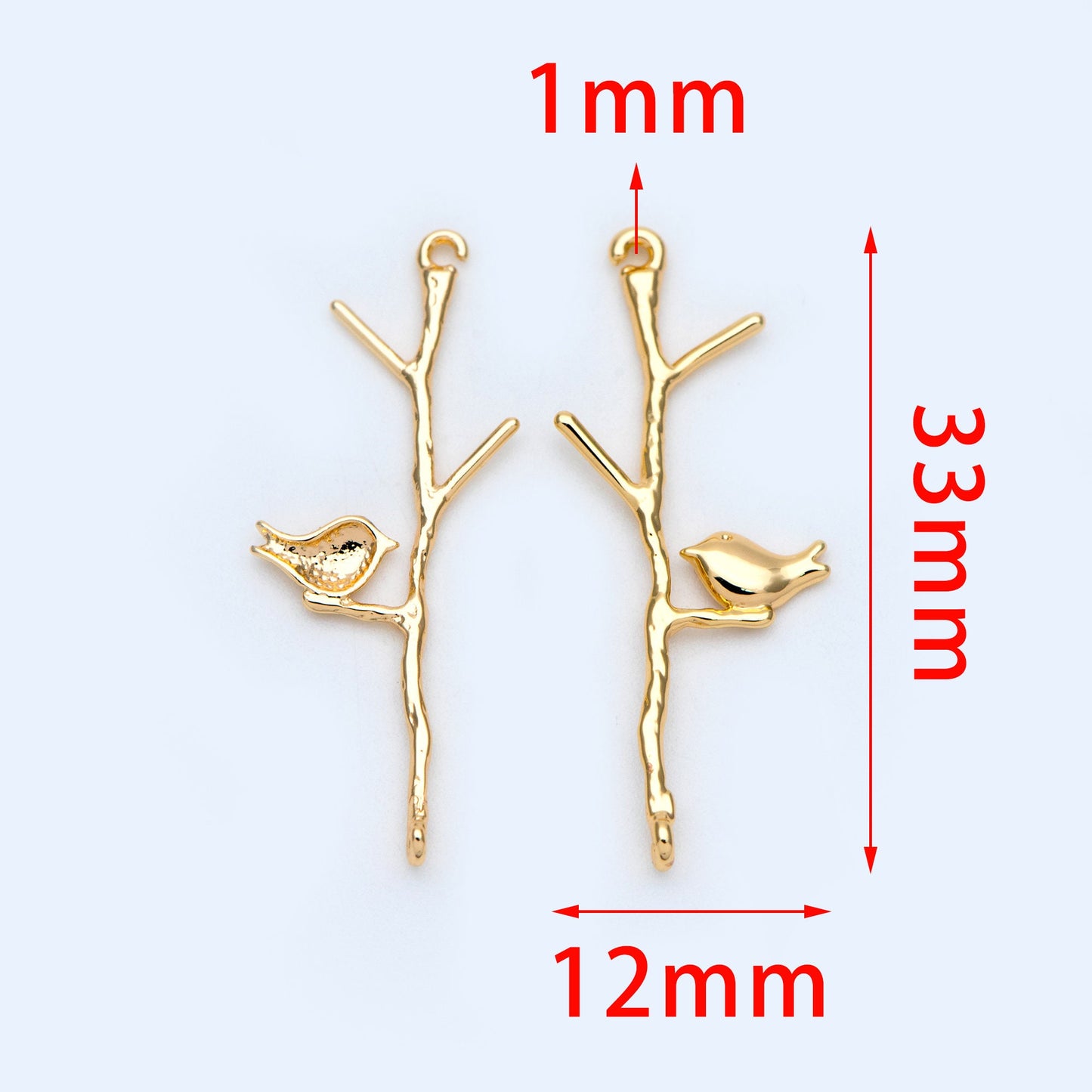 10pcs Gold/ Silver Tone Bird on Tree Pendants 33x12mm, Gold/ Rhodium plated Brass Branch Connectors, Leaf Charms with Two Loops (GB-3622-C)