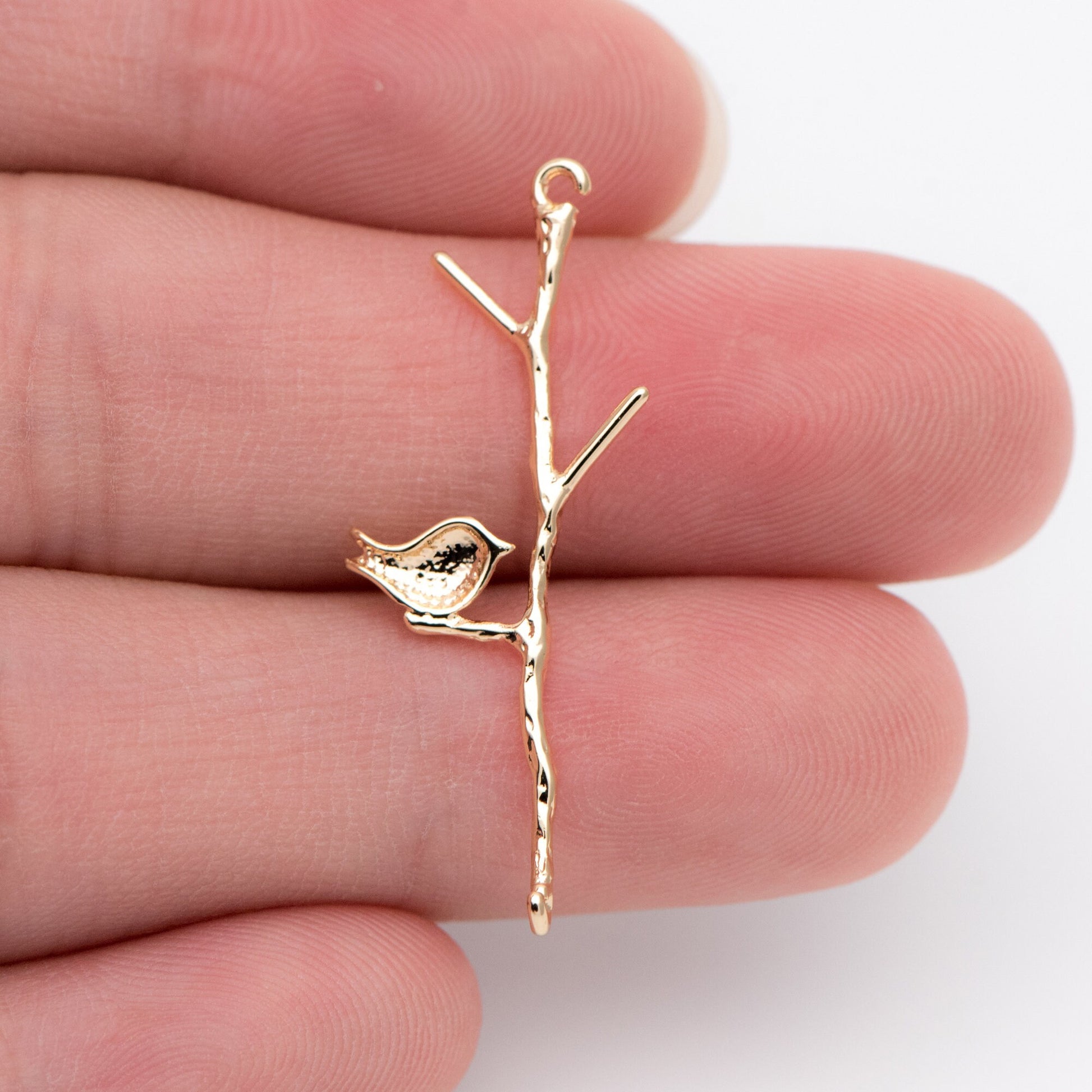 10pcs Gold/ Silver Tone Bird on Tree Pendants 33x12mm, Gold/ Rhodium plated Brass Branch Connectors, Leaf Charms with Two Loops (GB-3622-C)