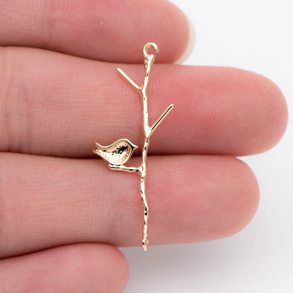 10pcs Gold/ Silver Tone Bird on Tree Pendants 33x12mm, Gold/ Rhodium plated Brass Branch Connectors, Leaf Charms with Two Loops (GB-3622-C)