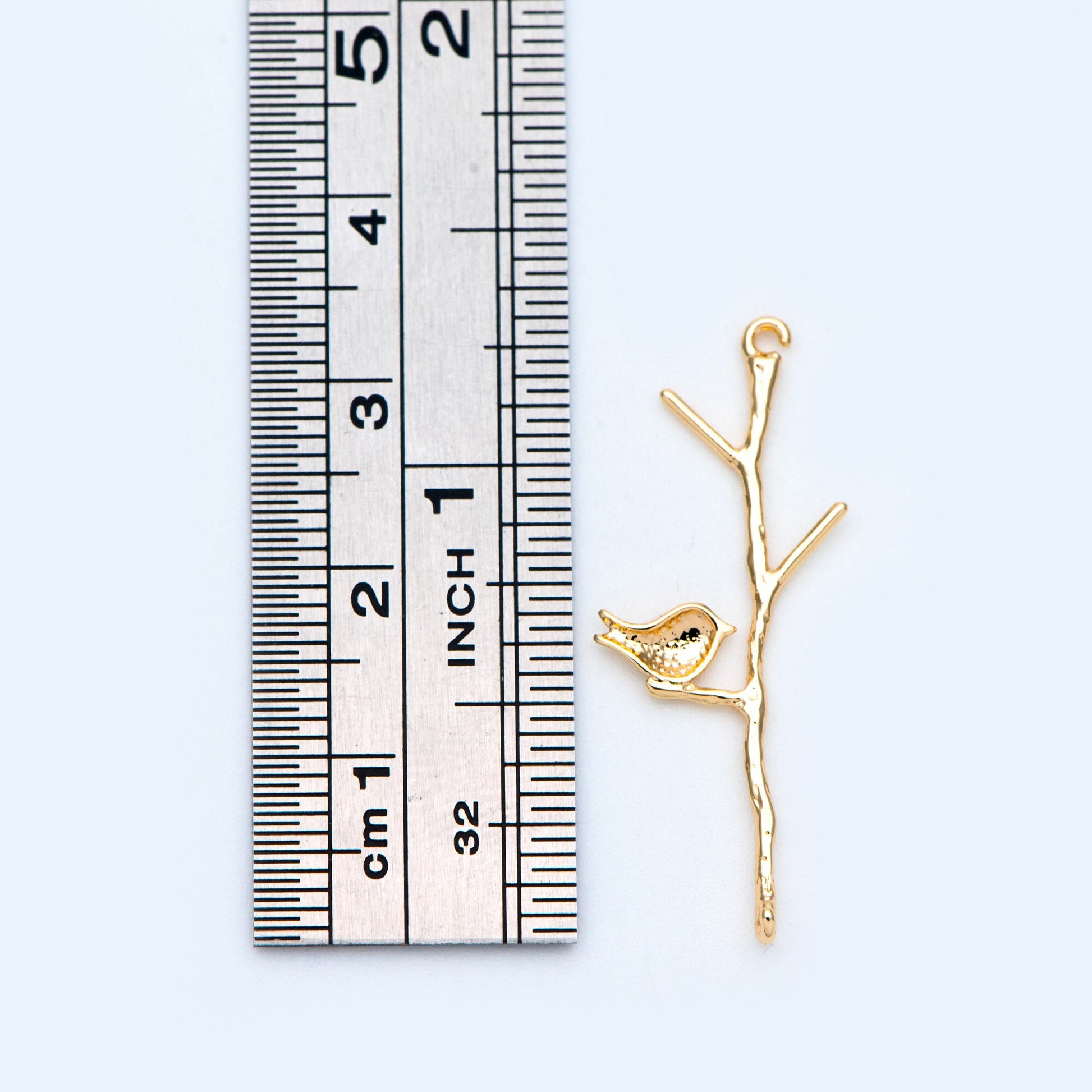 10pcs Gold/ Silver Tone Bird on Tree Pendants 33x12mm, Gold/ Rhodium plated Brass Branch Connectors, Leaf Charms with Two Loops (GB-3622-C)