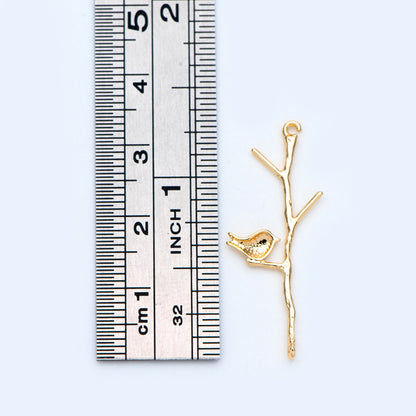 10pcs Gold/ Silver Tone Bird on Tree Pendants 33x12mm, Gold/ Rhodium plated Brass Branch Connectors, Leaf Charms with Two Loops (GB-3622-C)