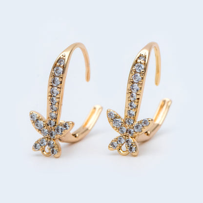 10pcs CZ Pave Butterfly Leverback Ear Hooks 17x12mm, 18K Gold plated Brass, Earring Component Hooks (GB-982)