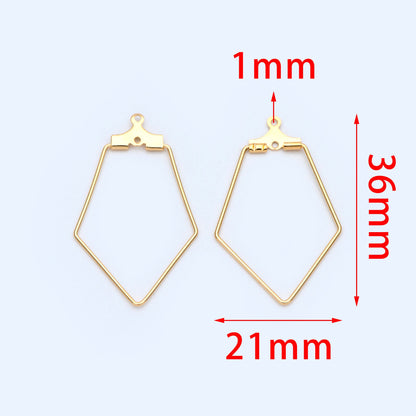 10pcs Gold/ Silver Rhombus Wire Pendants 36x21mm, 18K Gold/ Rhodium plated Brass, Drop Geometric Charms, Can Open to Thread Beads (GB-993-1)