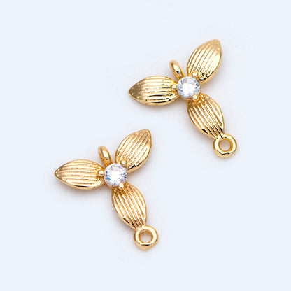10pcs CZ Pave Gold Leaf Charms 11x10.5mm, Mini Flower Connector Pendants (GB-3780-F)