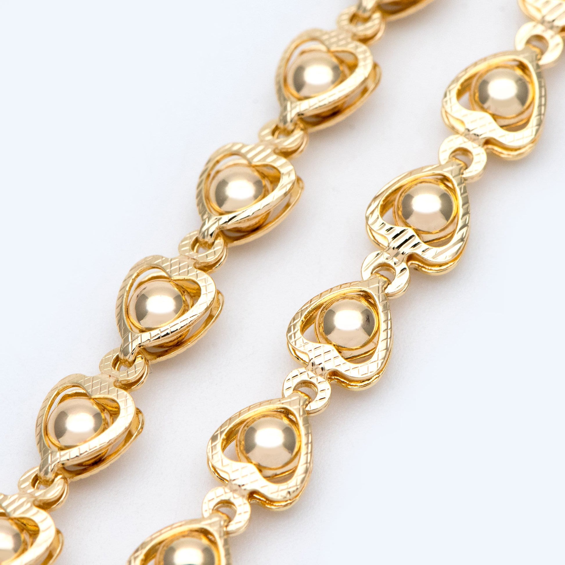 Gold Beaded Heart Chain 6mm, 18K Gold plated Brass, Quality Chain for DIY Jewelry (#LK-330)/ 1 Meter=3.3 ft