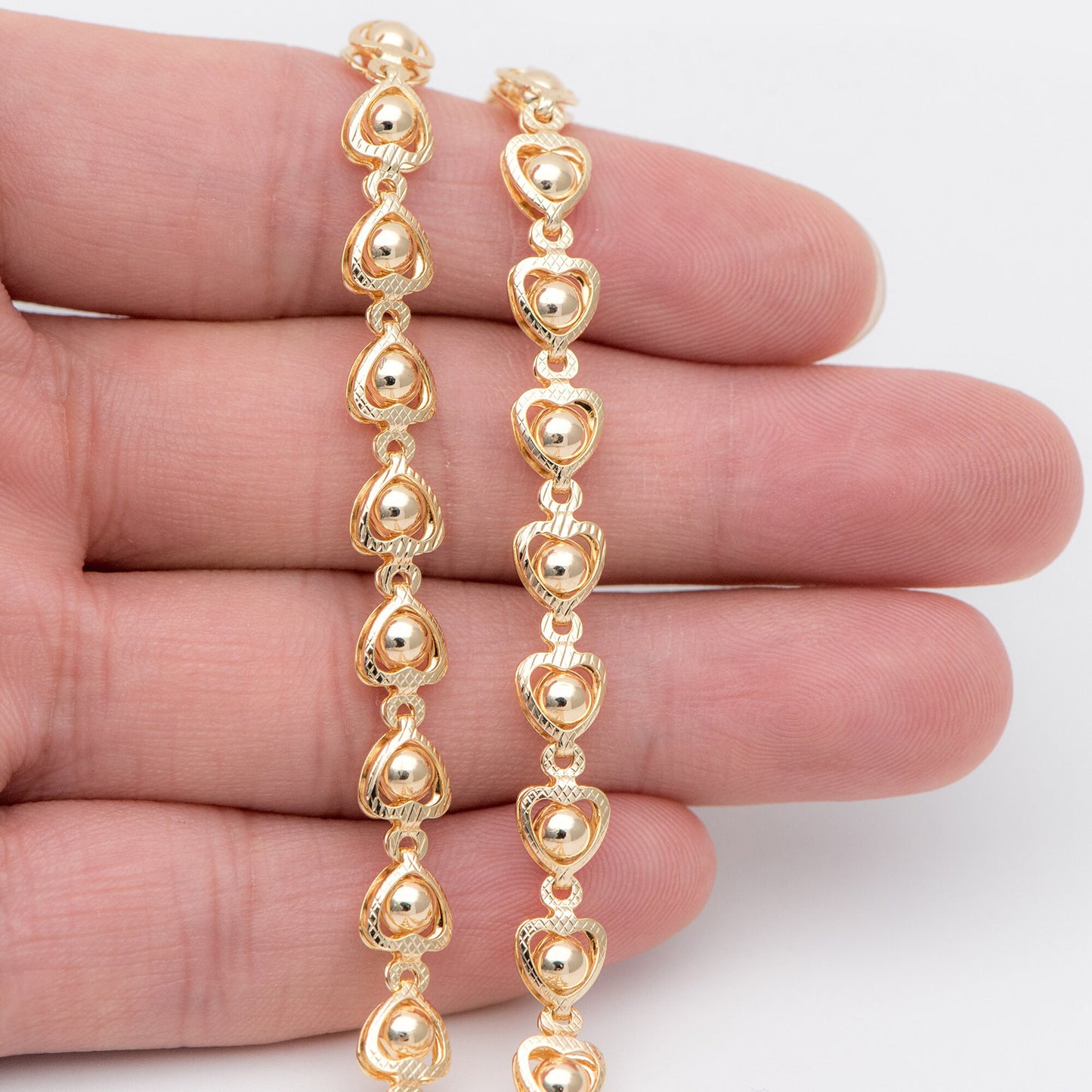 Gold Beaded Heart Chain 6mm, 18K Gold plated Brass, Quality Chain for DIY Jewelry (#LK-330)/ 1 Meter=3.3 ft