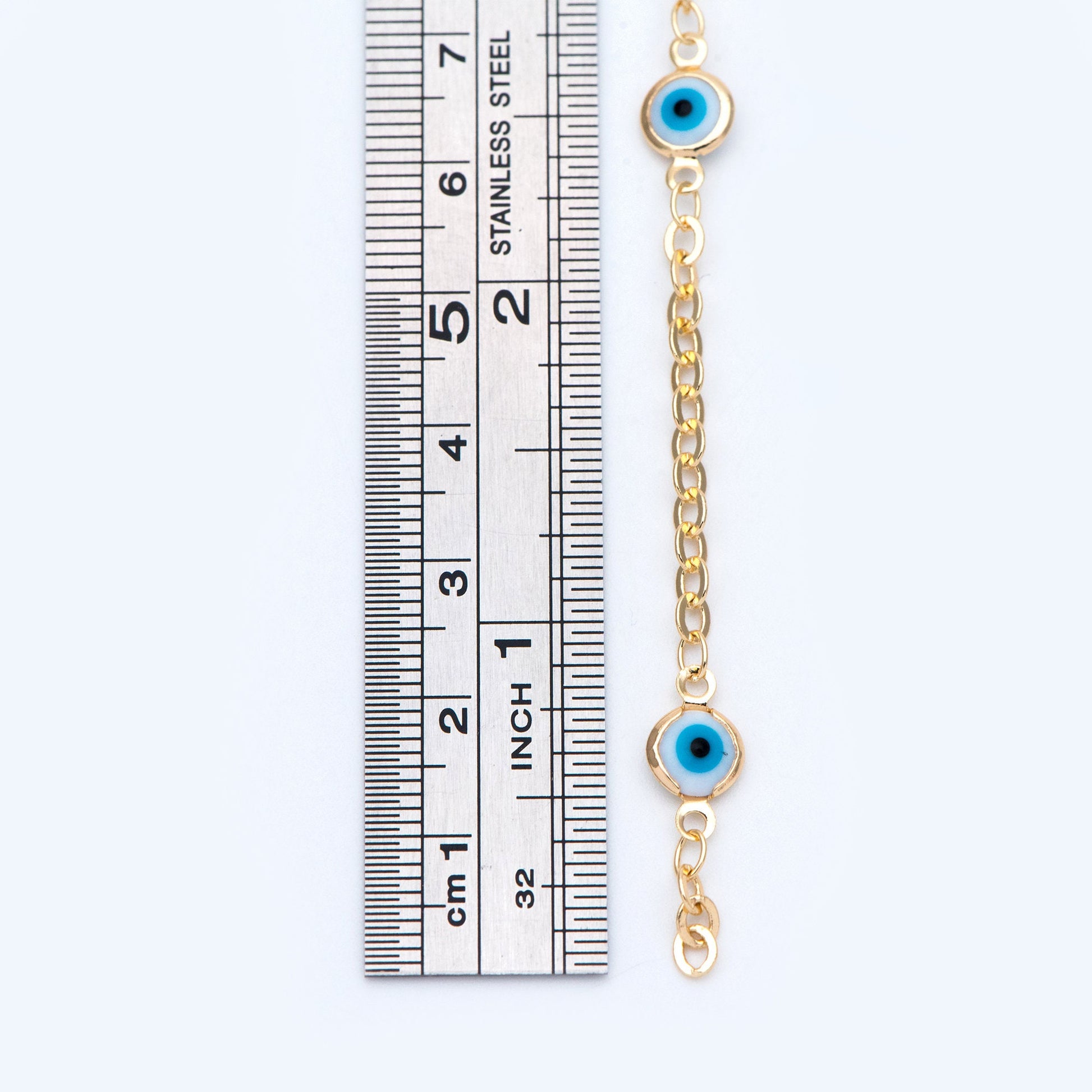 Gold plated Brass Crystal Beaded Chains, 7mm Round Coin Glass Beads, Evil Eye Chains (#LK-337)/ 1 Meter=3.3 ft