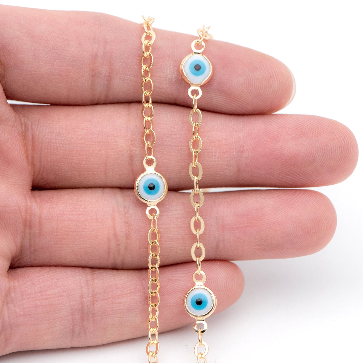 Gold plated Brass Crystal Beaded Chains, 7mm Round Coin Glass Beads, Evil Eye Chains (#LK-337)/ 1 Meter=3.3 ft