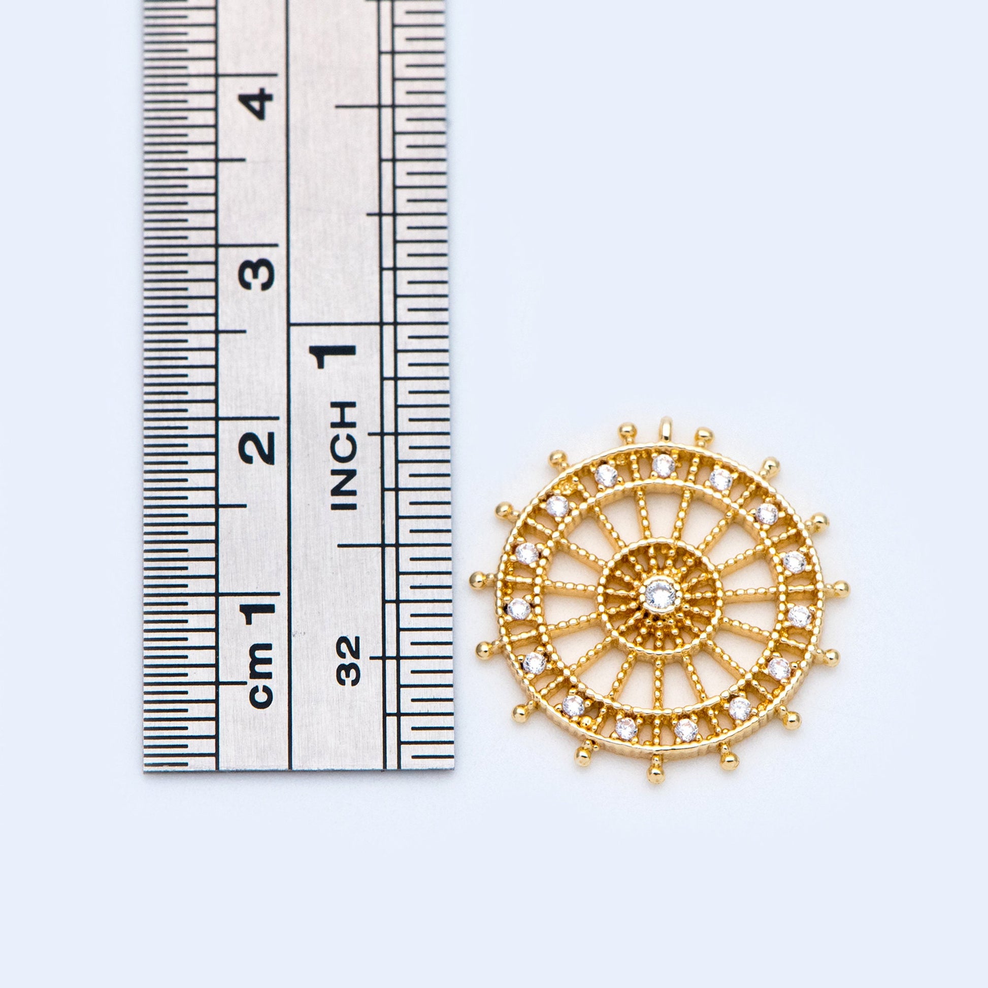 4pcs CZ pave Gold Round Charms 20mm, 18K Gold plated Brass, Filigree Pendant Connectors (GB-1018)