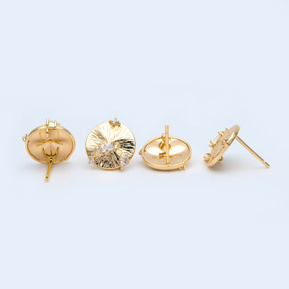 10pcs Gold Round Disc Ear Post with Loop, 11mm, 18K Gold plated Brass, CZ pave Stud Earring Components (GB-1640-A)