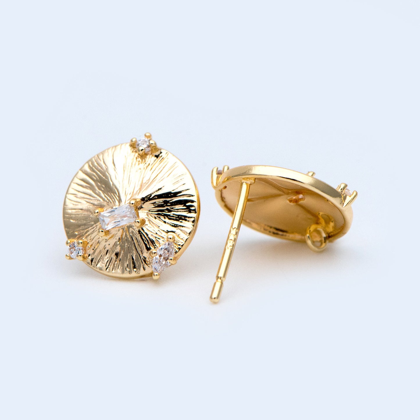 10pcs Gold Round Disc Ear Post with Loop, 11mm, 18K Gold plated Brass, CZ pave Stud Earring Components (GB-1640-A)