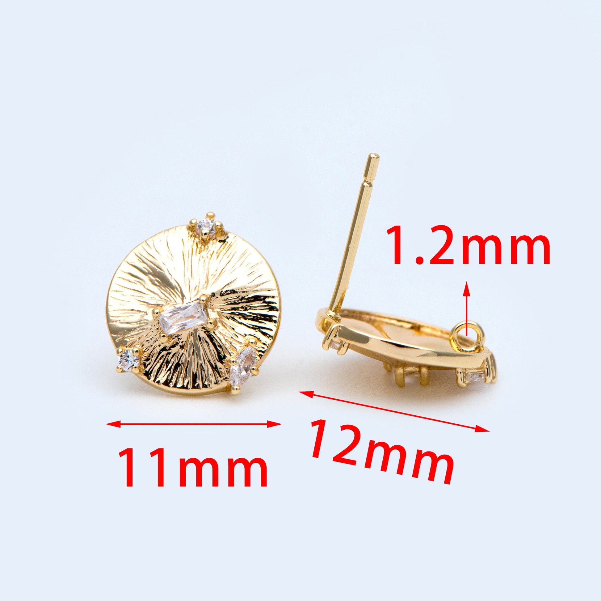 10pcs Gold Round Disc Ear Post with Loop, 11mm, 18K Gold plated Brass, CZ pave Stud Earring Components (GB-1020)