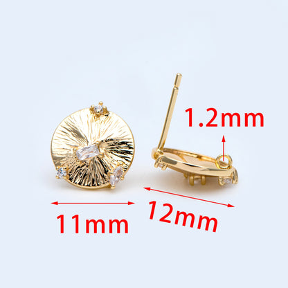10pcs Gold Round Disc Ear Post with Loop, 11mm, 18K Gold plated Brass, CZ pave Stud Earring Components (GB-1640-A)