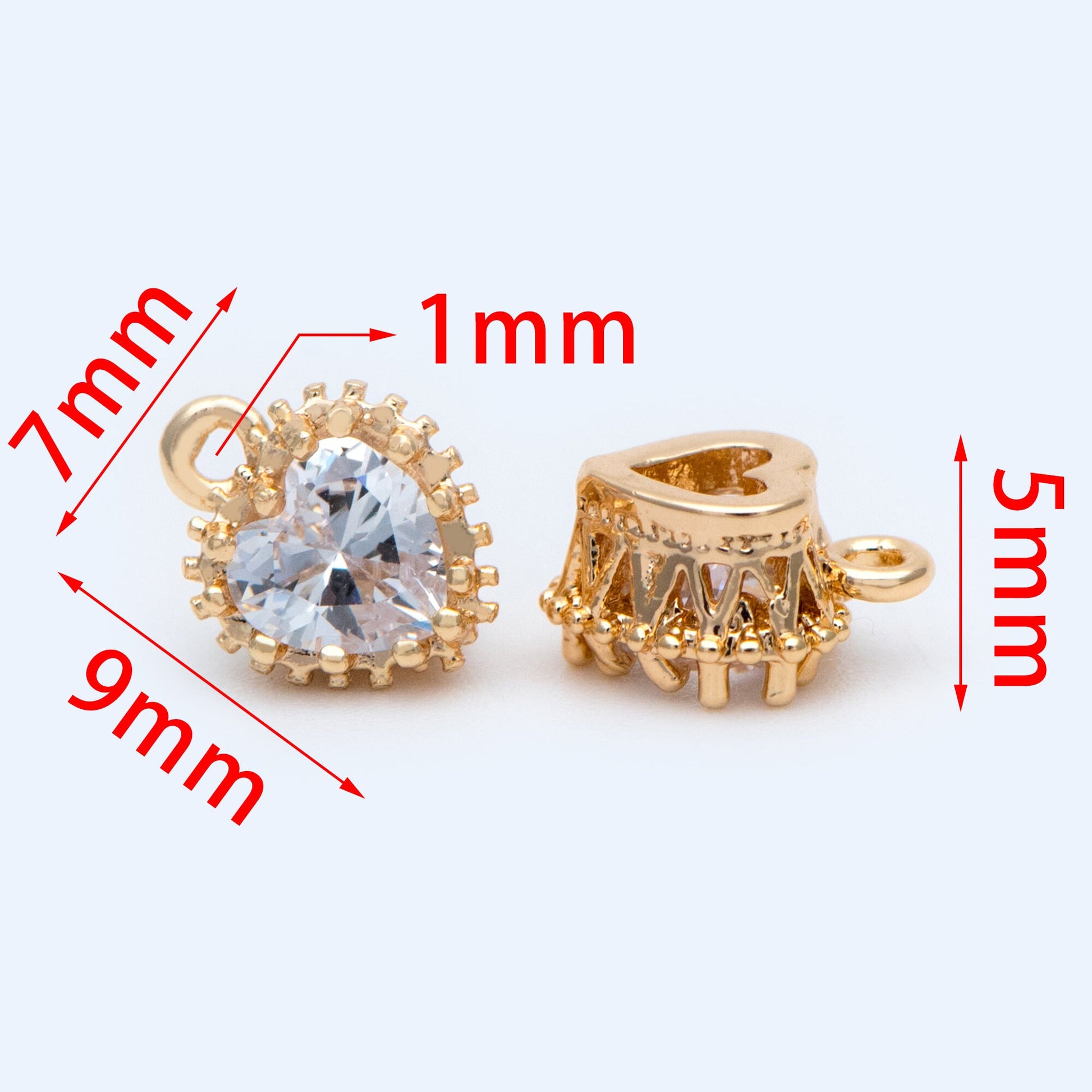 4pcs CZ pave Gold Heart Charms 9x7mm, Gold Plated Brass Heart Pendants (GB-2782-E)