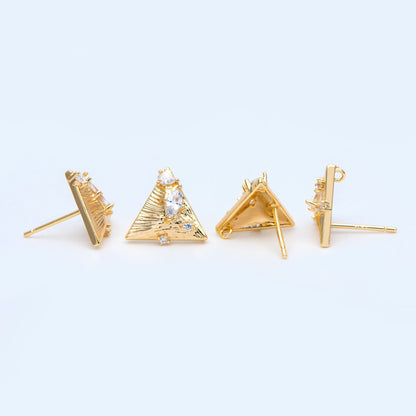 10pcs CZ Paved Triangle Earring Posts 12x13mm, 18K Gold Plated Brass, Triangle Stud Earrings (#GB-1024)