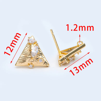 10pcs CZ Paved Triangle Earring Posts 12x13mm, 18K Gold Plated Brass, Triangle Stud Earrings (#GB-1024)