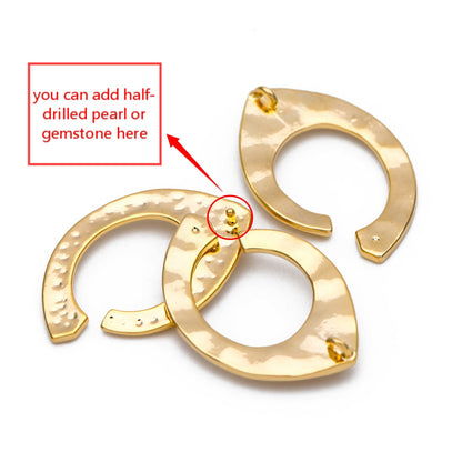 10pcs Gold plated Brass Hammered Charm Pendant 26x17mm, DIY Pearl Peg Mounts, Half Drilled Pearl Settings (GB-857)