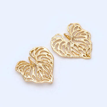 10pcs Gold Heart Leaf Pendants 20x19mm, 18K Gold plated Brass Connectors, Filigree Hollow Leaf Charms (GB-4391-I)