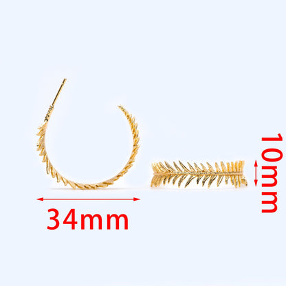 4pcs Gold / Silver Tone Feather Earring Studs 34mm, 18K Gold/ Rhodium plated Brass, Round Circle Leaf Earring (GB-1050)