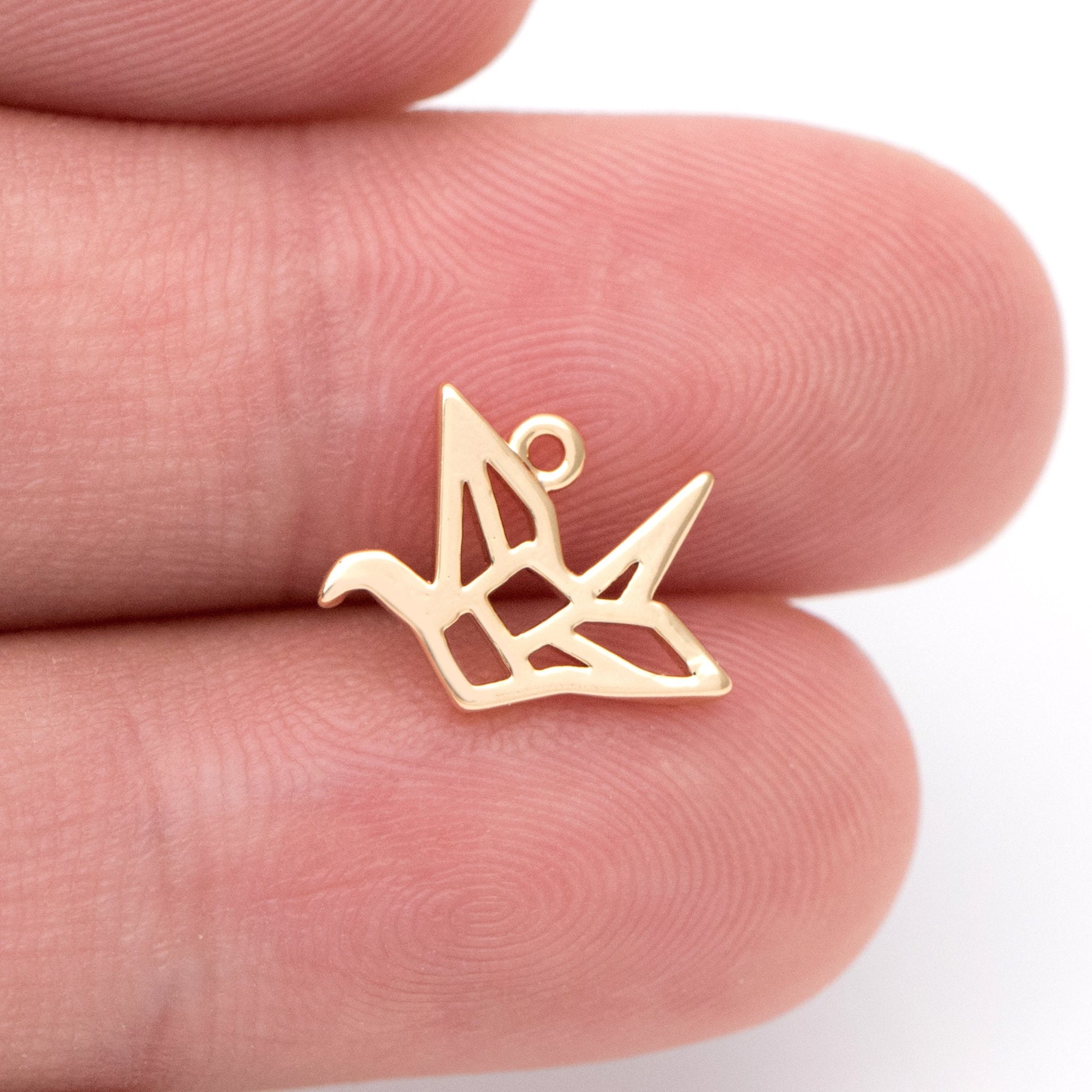 10pcs Origami Paper Crane Charms, Real Gold plated Brass Bird Pendants 13x9mm (GB-1053)