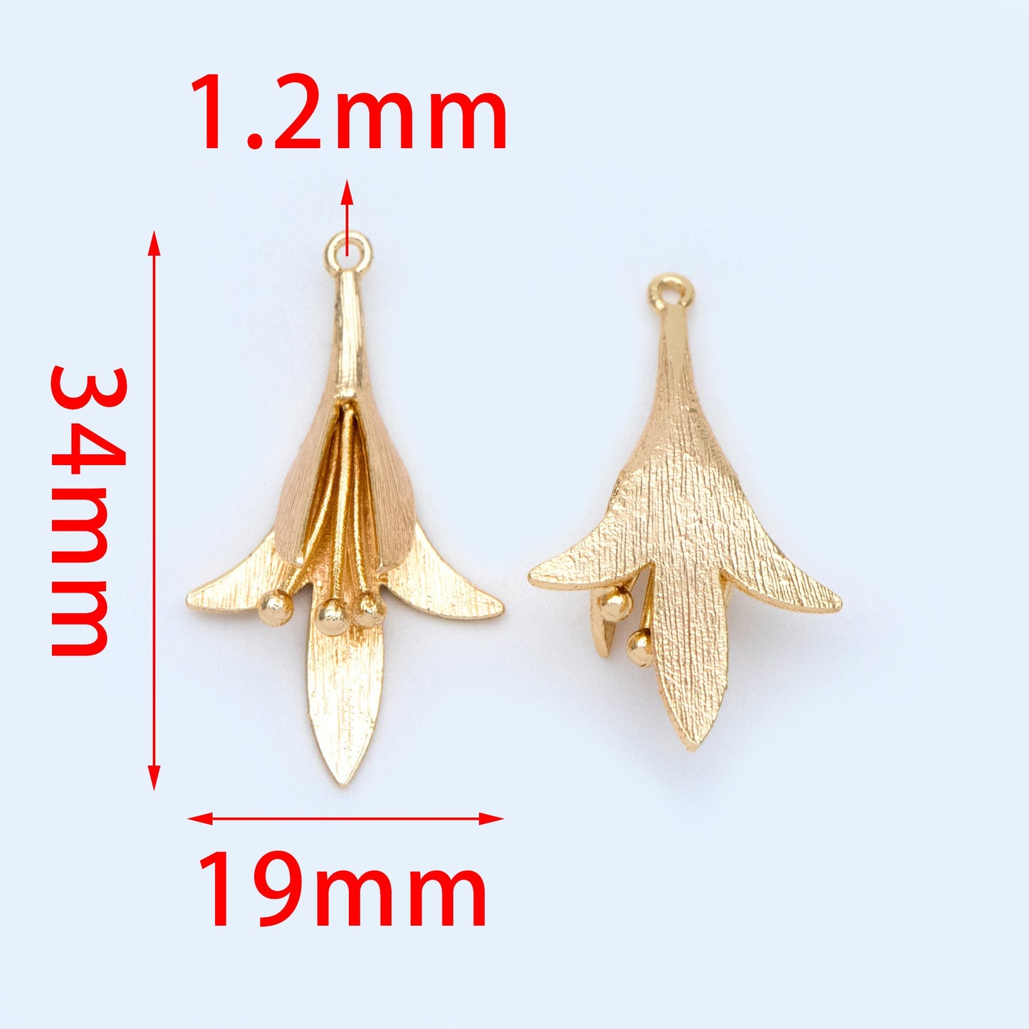10pcs Gold Lily Flower Pendants 34x19mm, Real Gold plated Brass Floral Charms (GB-1079)