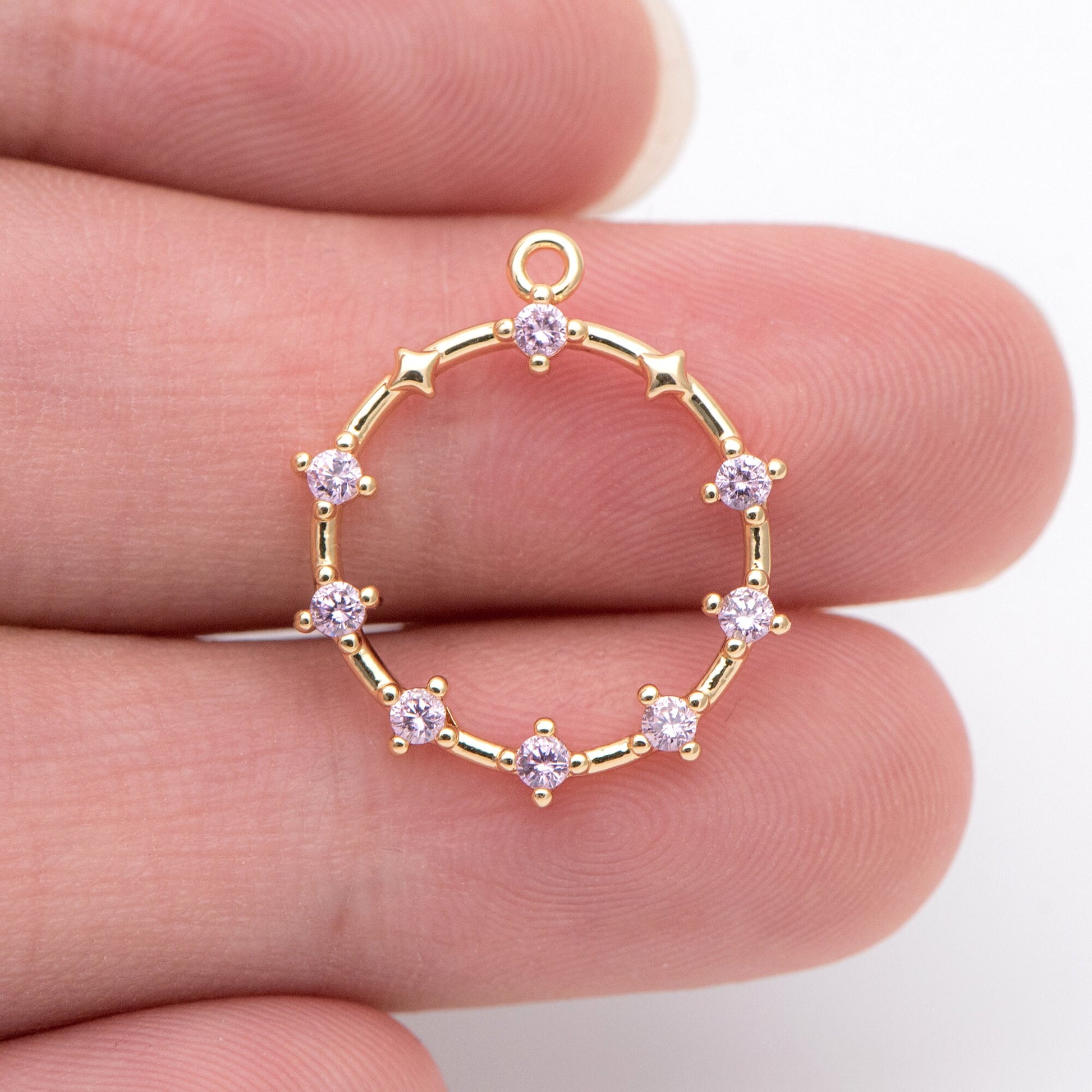 10pcs Pink CZ pave Gold Ring Pendants 21x18mm, 18K Gold plated Brass, Rhinestone Round Loop Circle Charms (GB-869-2)