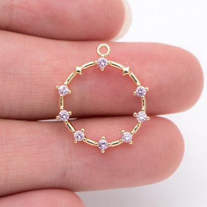 10pcs Pink CZ pave Gold Ring Pendants 21x18mm, 18K Gold plated Brass, Rhinestone Round Loop Circle Charms (GB-869-2)