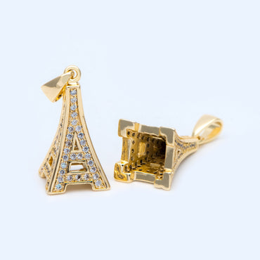 4pcs Gold plated Brass Eiffel Tower Charms 25x10mm, CZ Pave Mini Eiffel Tower Pendants (GB-1034)