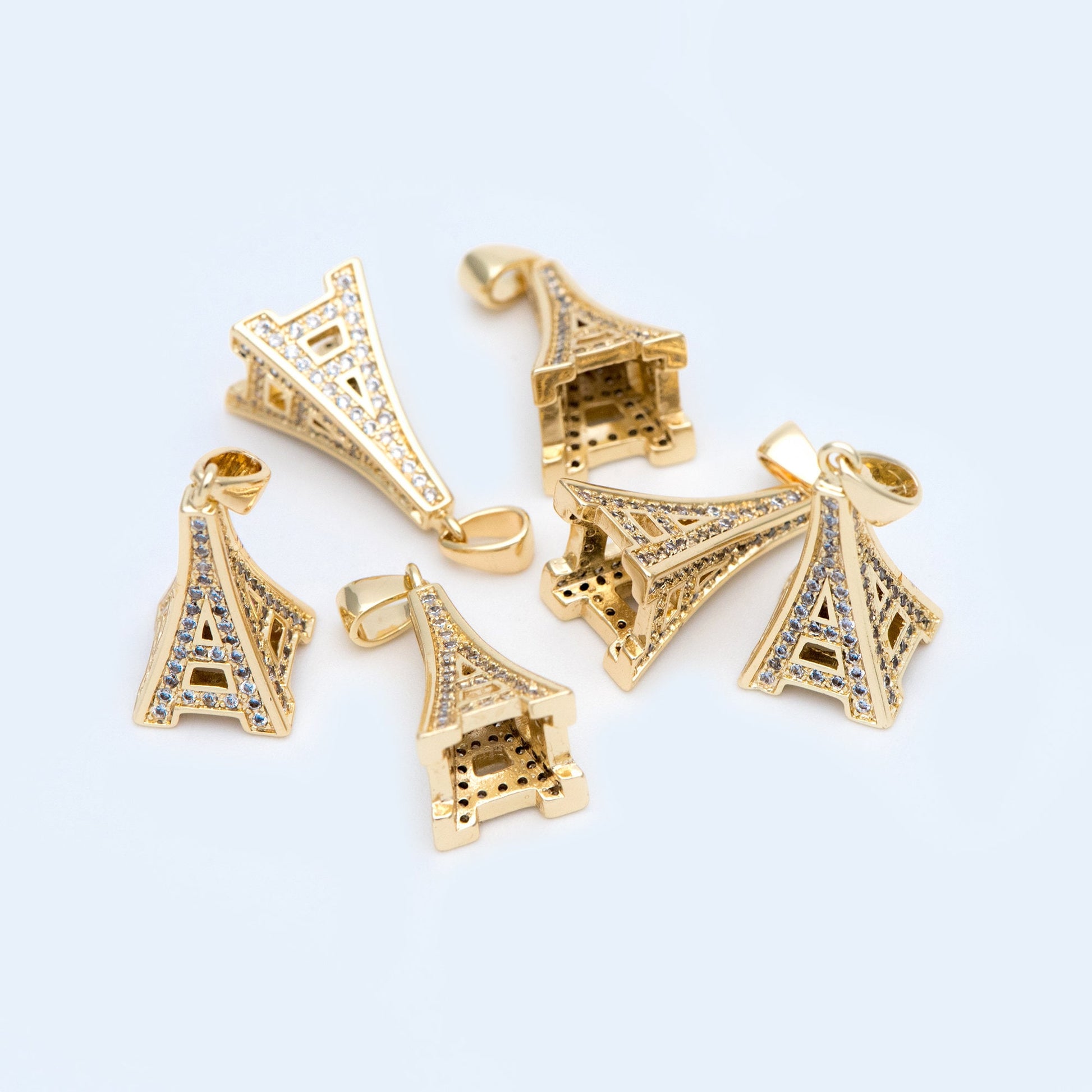 4pcs Gold plated Brass Eiffel Tower Charms 25x10mm, CZ Pave Mini Eiffel Tower Pendants (GB-1034)