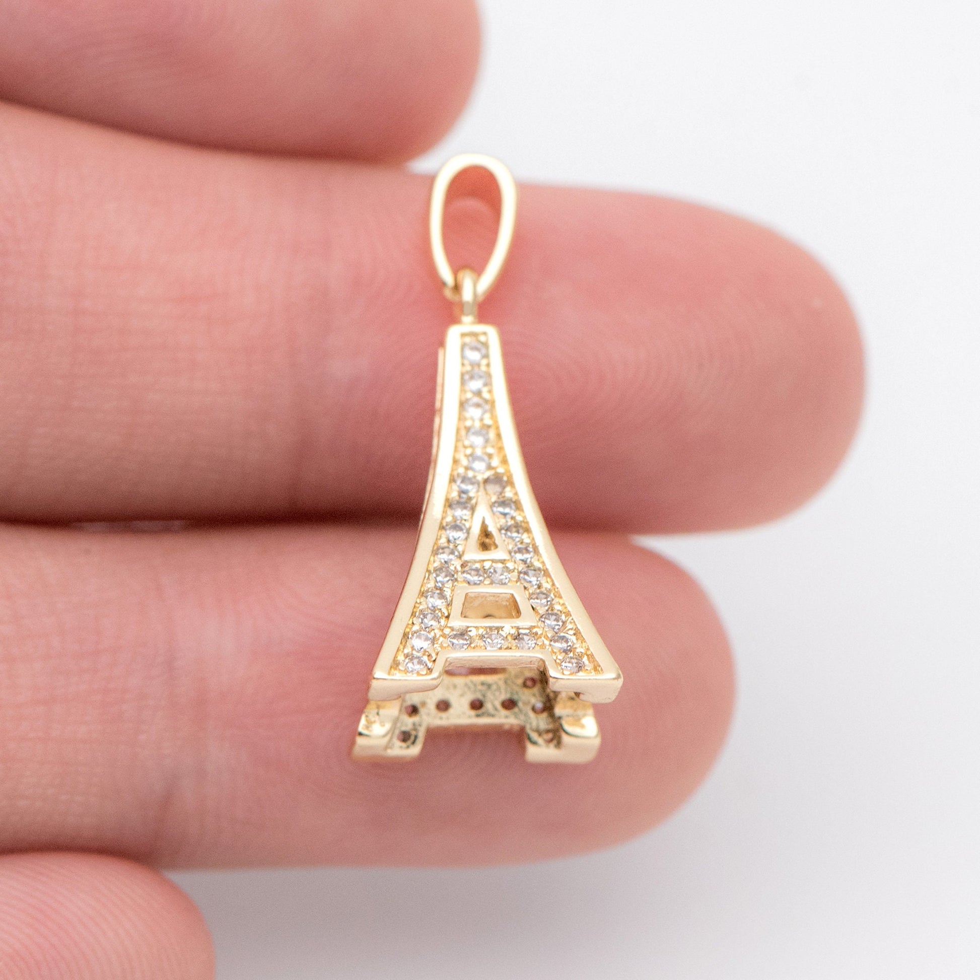 4pcs Gold plated Brass Eiffel Tower Charms 25x10mm, CZ Pave Mini Eiffel Tower Pendants (GB-1034)
