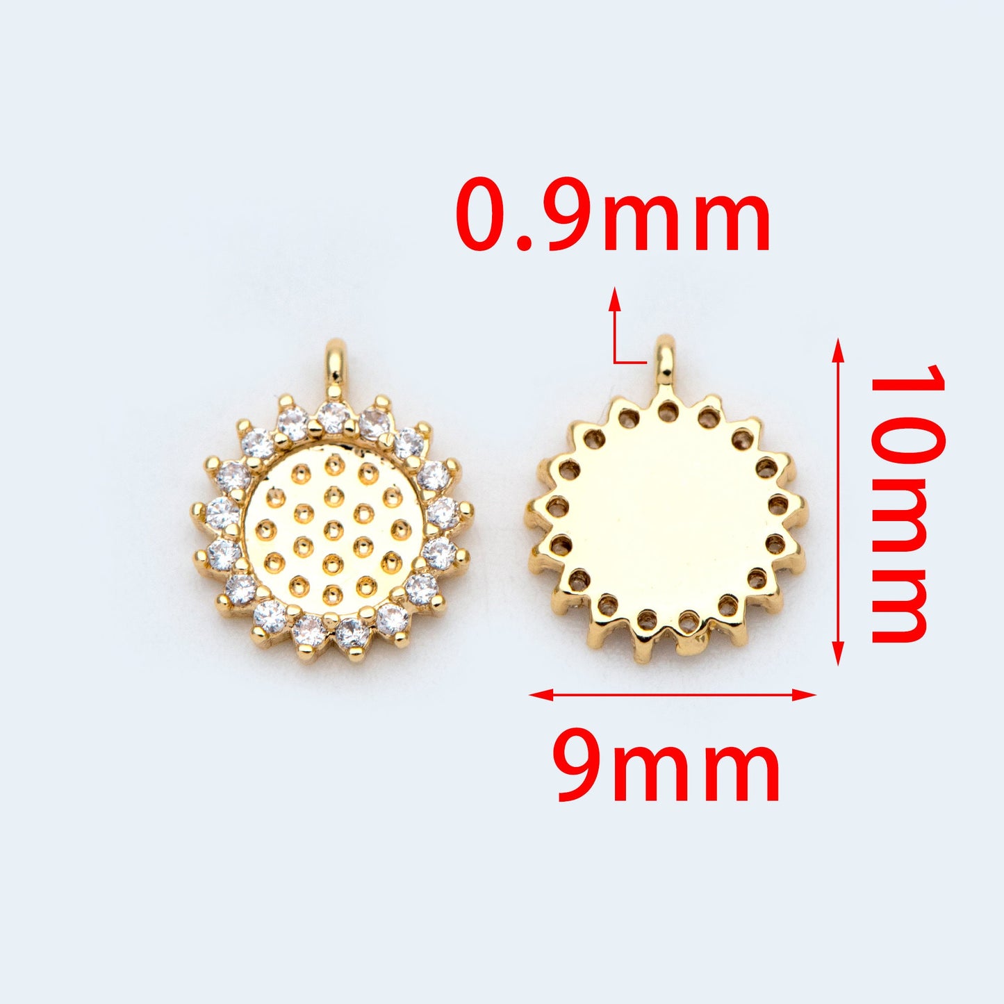 10pcs CZ Pave Gold Round Sunflower Charms 10x9mm, 18K Gold plated Brass, Disk Sun Pendants (GB-1058)