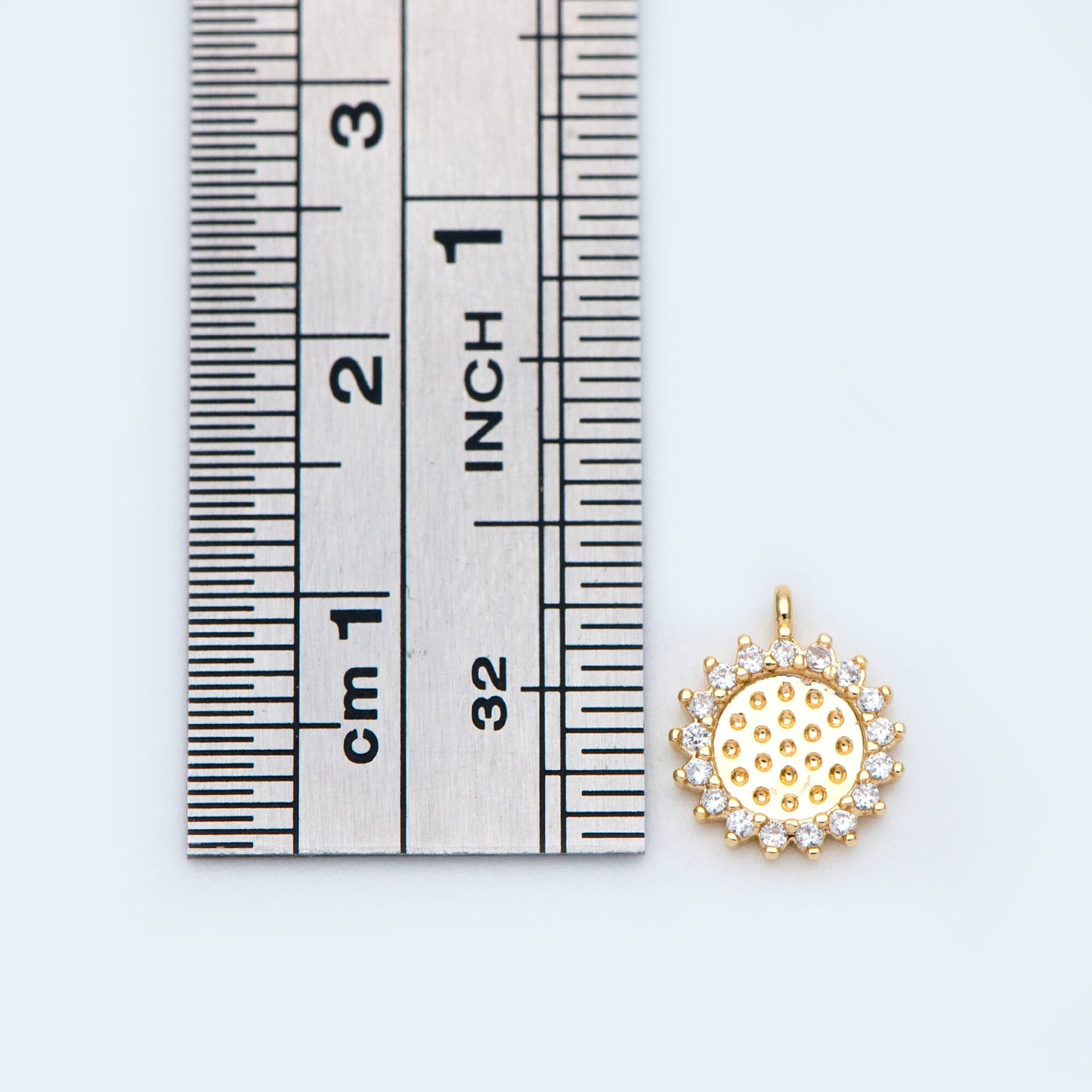 10pcs CZ Pave Gold Round Sunflower Charms 10x9mm, 18K Gold plated Brass, Disk Sun Pendants (GB-1058)