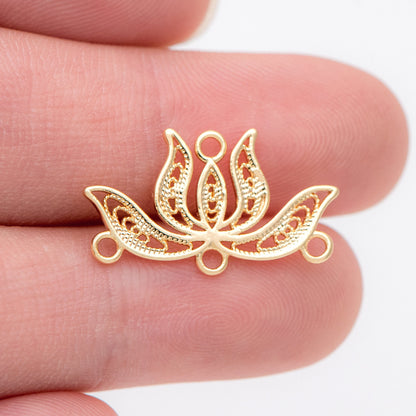 10pcs Gold Lotus Pendants 13x22mm, 18K Gold plated Brass, Lotus Flower Charm Connectors (GB-1010-B)