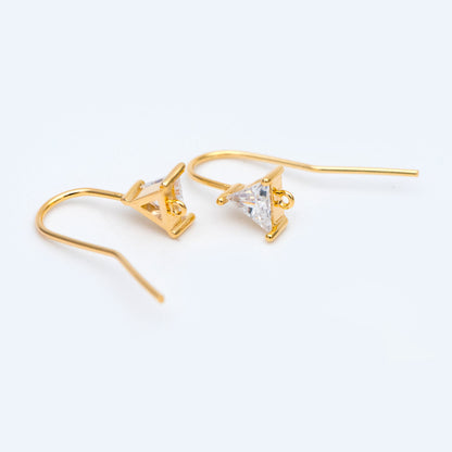 10pcs Gold CZ Pave Triangle Earring Hooks: 18K Gold Plated Brass Earwires, 21mm (GB-1125-E)