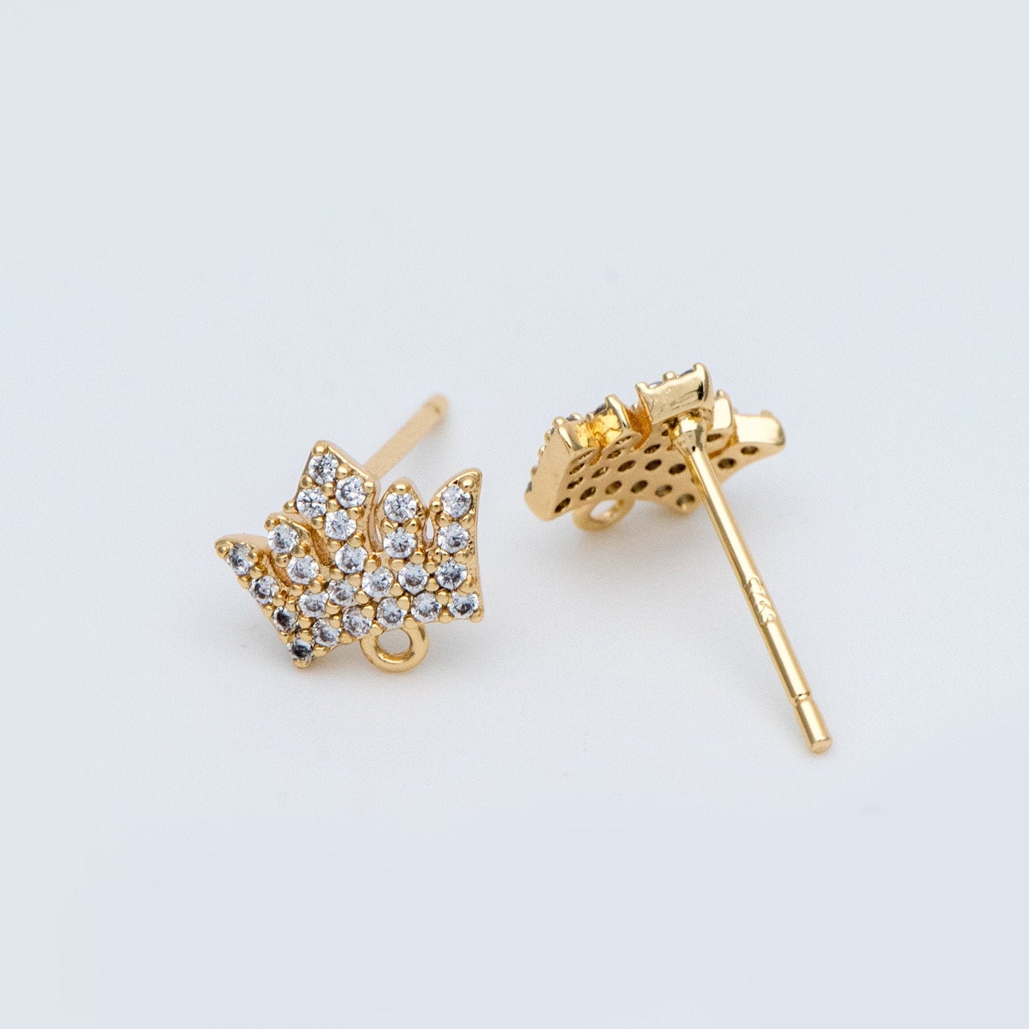 4pcs CZ Pave Crown Ear Posts 8mm with Loops, Real Gold Plated Brass Stud Earrings (#GB-733)
